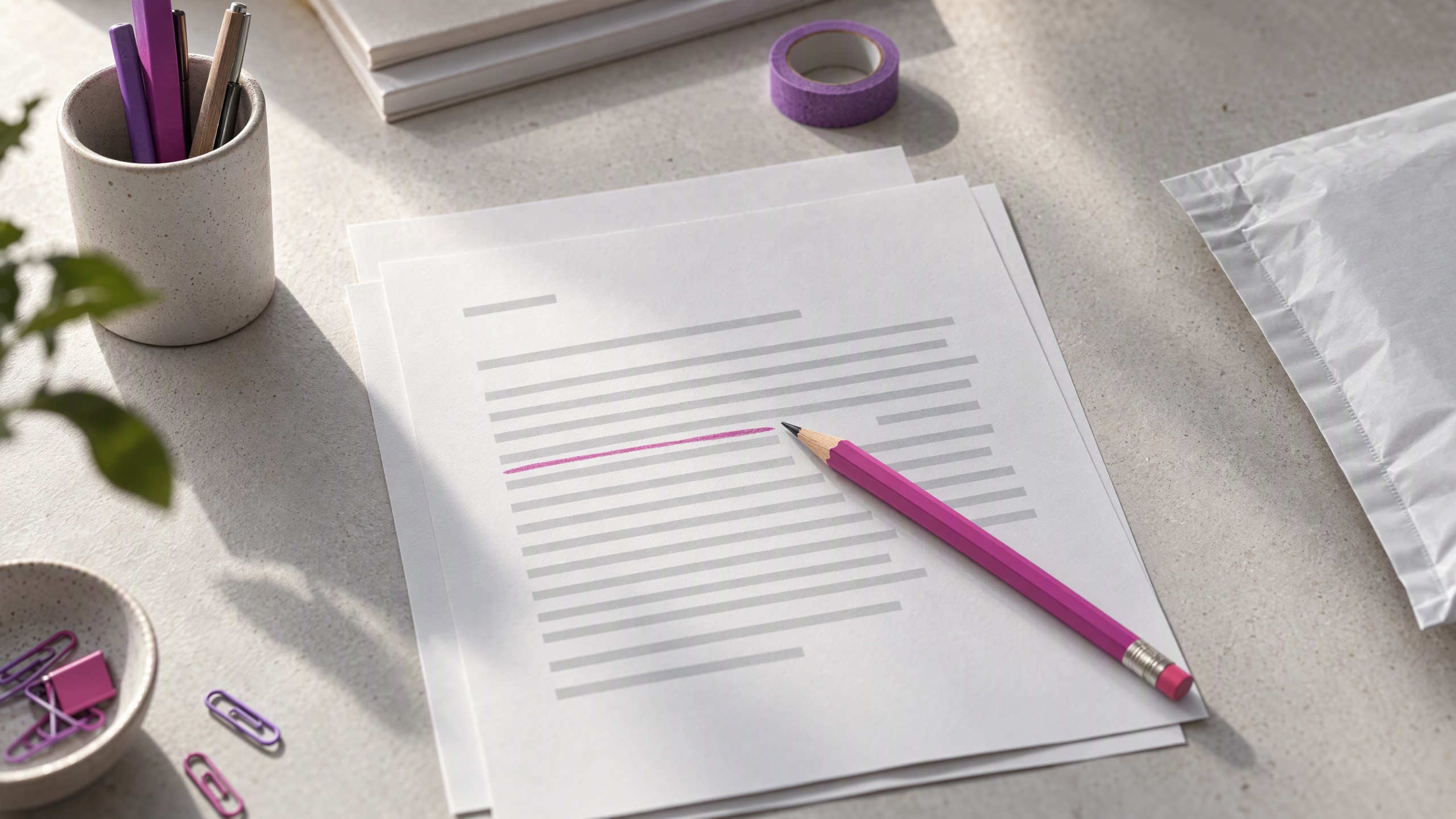 A pencil marks an excerpt on a customer review page while the full page remains visible on an ecommerce packing table.