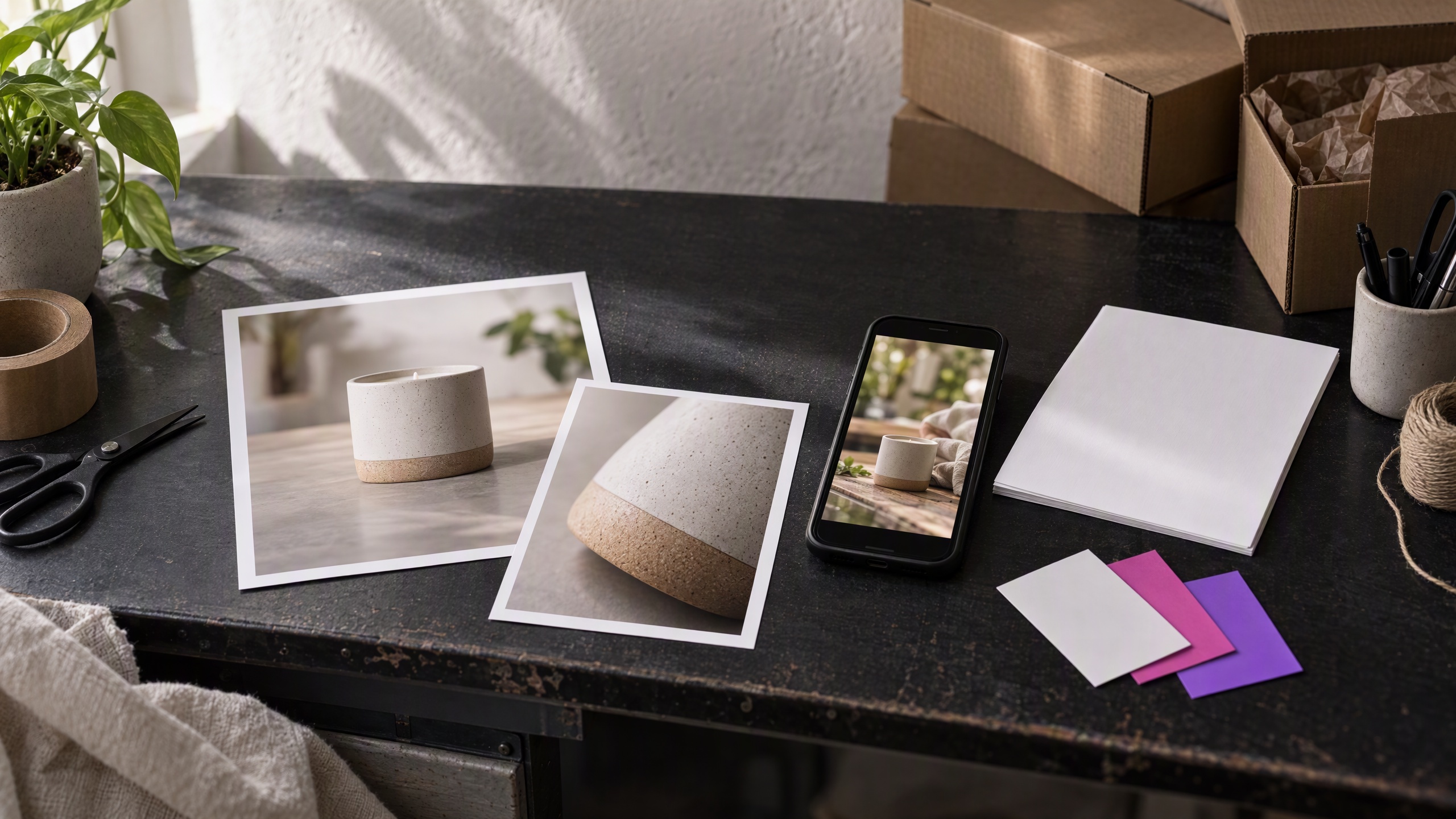 Product photos, a detail shot, and a raw product video are arranged as an organized ecommerce asset handoff.